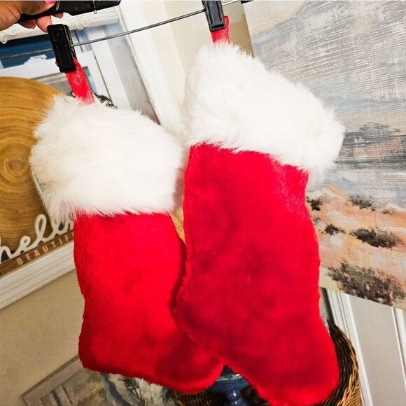 Set Of 2 Retro Fuzzy Cloth Red & White Christmas Holiday Stocking. - Picture 1 of 15